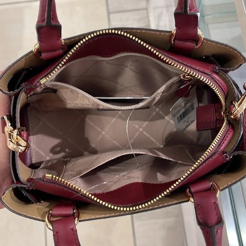 Michael Kors Reed Small Dark Cherry Leather Center Zip Belted Satchel Purse  NWT